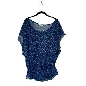 American Eagle‎ Outfitters Blouse M Blue Floral Sheer Boat Neck Smocked Hem